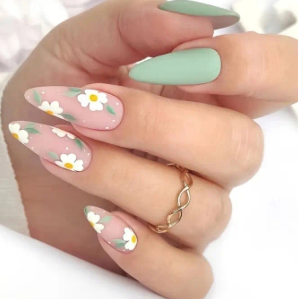 🔥3/$21 Almond shaped Matte Green with Cute Floral design Press on nails